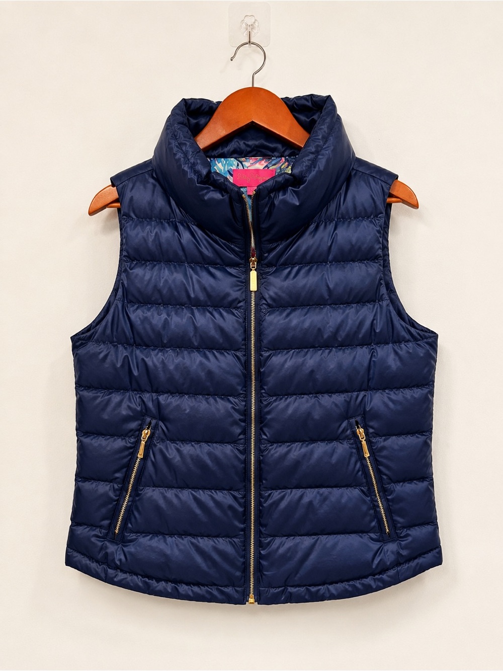 Lilly Pulitzer Navy Quilted Puffer Vest Gold Zip Coastal Prep Size Large